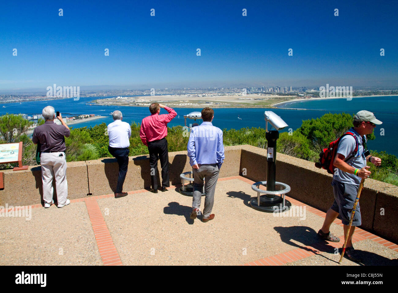 Tourists at a scenic overlook of San Diego and Coronado Island from Point Loma, California, USA. Stock Photo