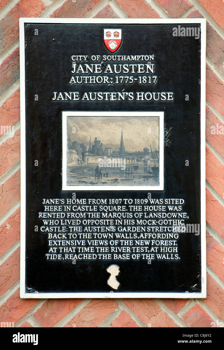 Plaque at Bosun's Locker Public House, commemorating site of the house of Jane Austin, Castle Square, Southampton, Hampshire, UK Stock Photo