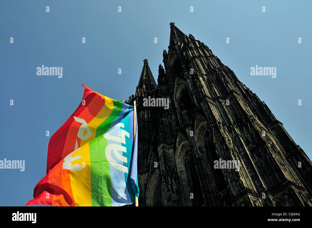 Architecture, Germany, cathedral, dome, Europe, flag, flag, banner, peace flag, peace symbol, peace signs, cathedral, church, Co Stock Photo