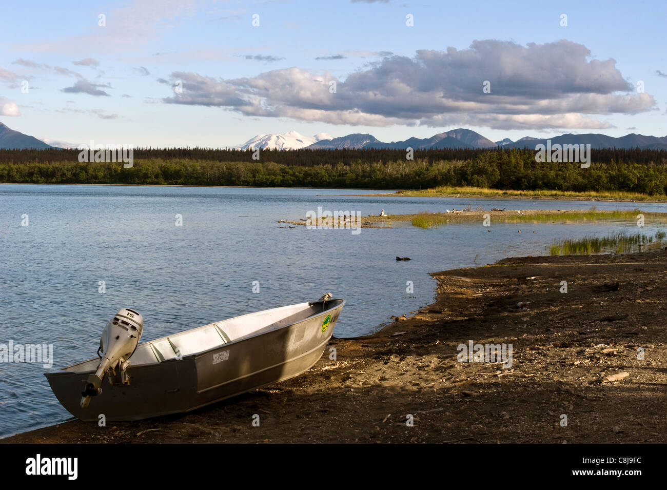 A motorboat stopped on the beach of Naknek lake at Katmai National Park