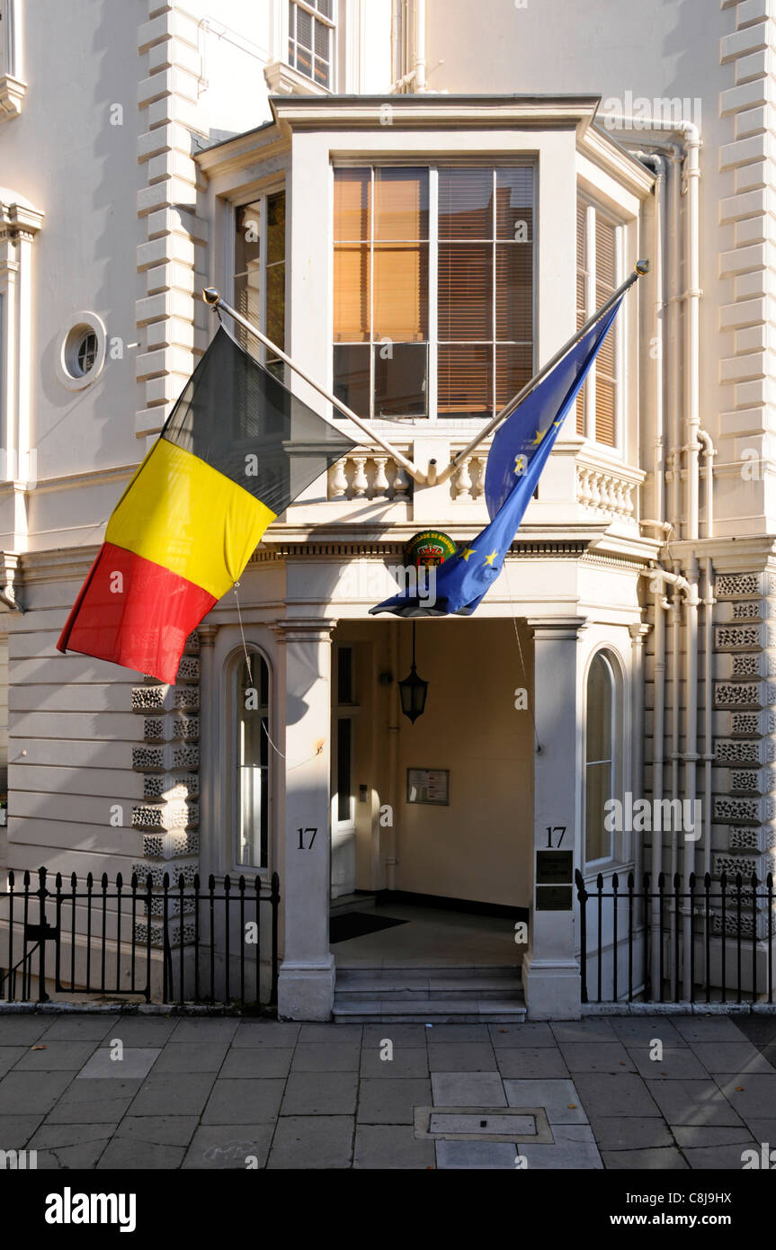 EU and Belgium national flag flying outside entrance to the Belgian