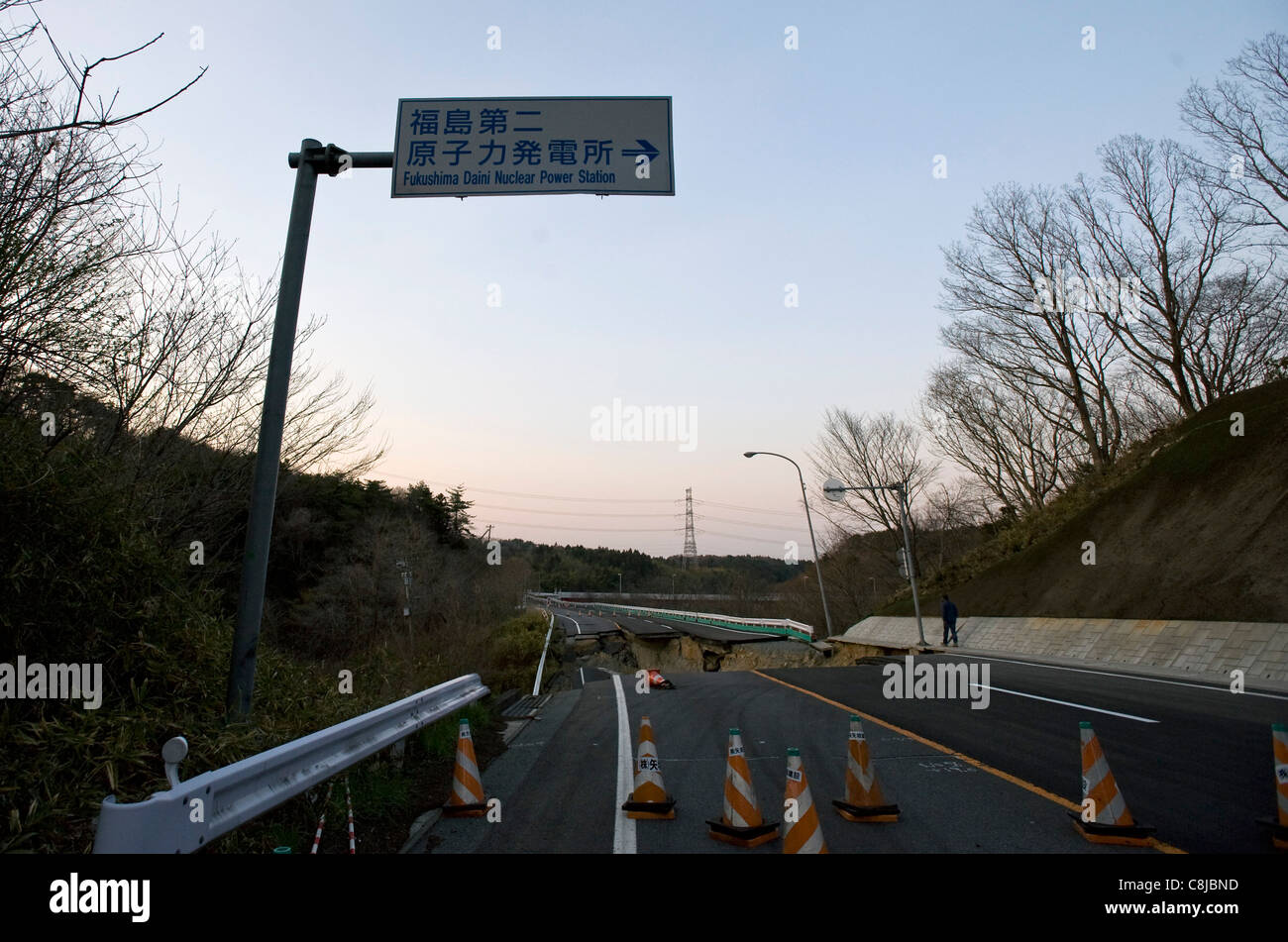 Photo shows the road wrecked by the March 11 quake just outside the Fukushima No. 2 nuclear power plant, in Tomioka town Stock Photo