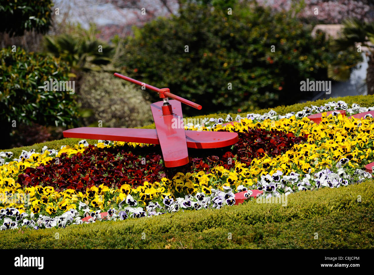 A clock amongst the flowers at Yongdusan Park, Busan, South Korea. Stock Photo