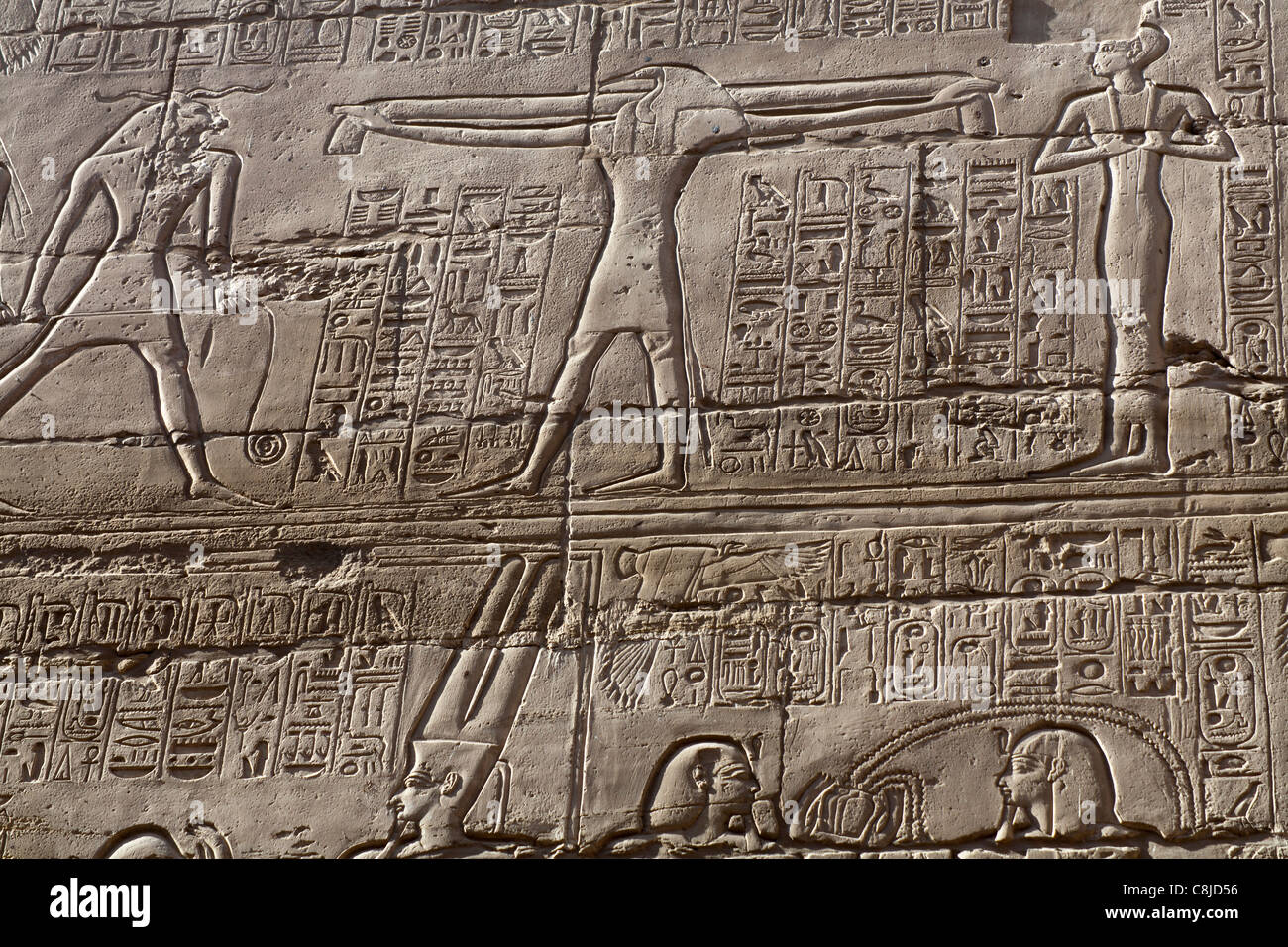 Relief work showing gods Khnum an Thoth in Hypostyle Hall at Karnak Temple, Luxor Egypt Stock Photo