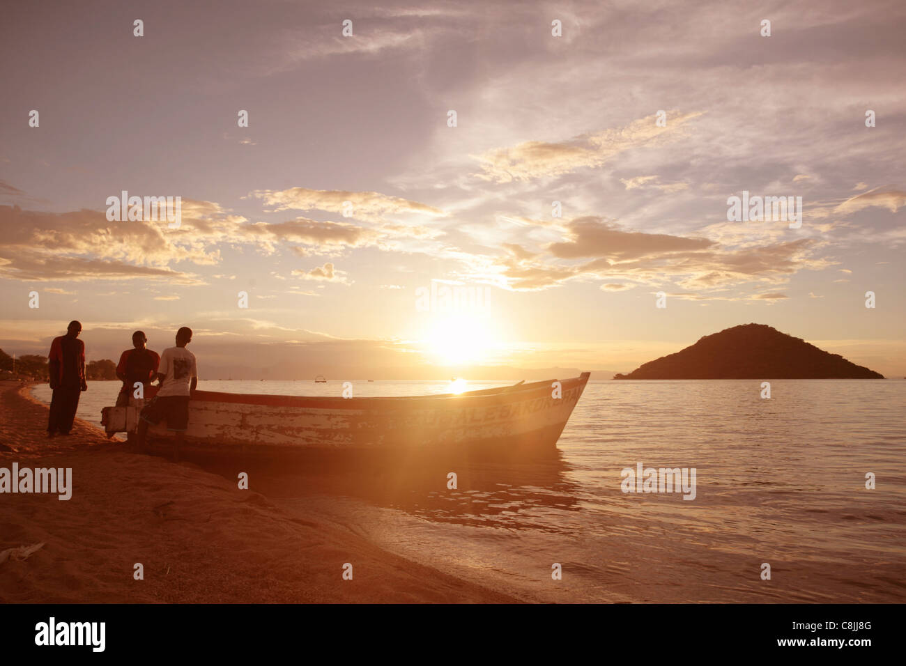 Sunset at Cape Maclear on the shores of Lake Malawi in Malawi. Stock Photo