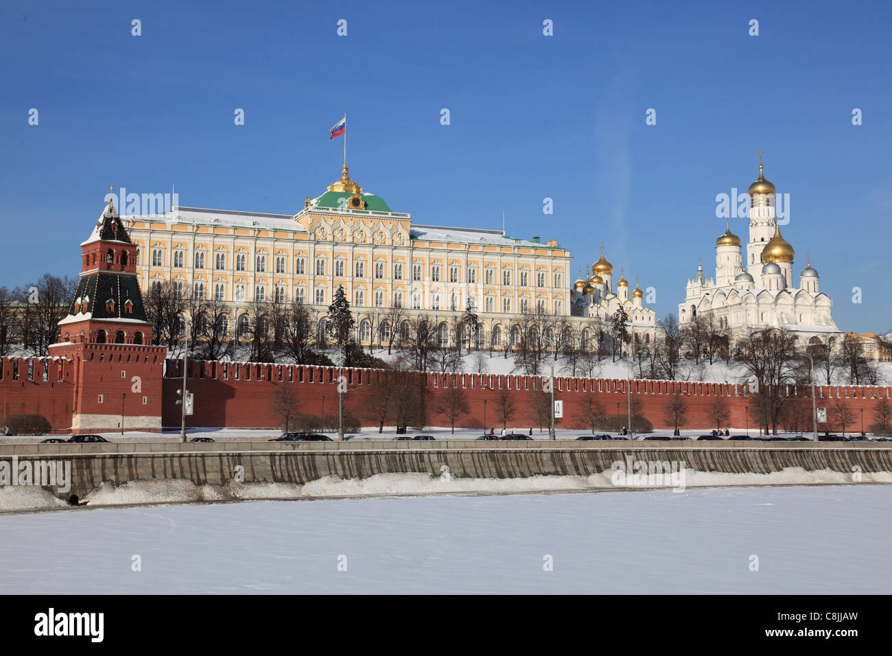 Moscow, Russian Federation. View of Kremlin and Grand Kremlin Palace with Moskva river in foreground. Winter Stock Photo
