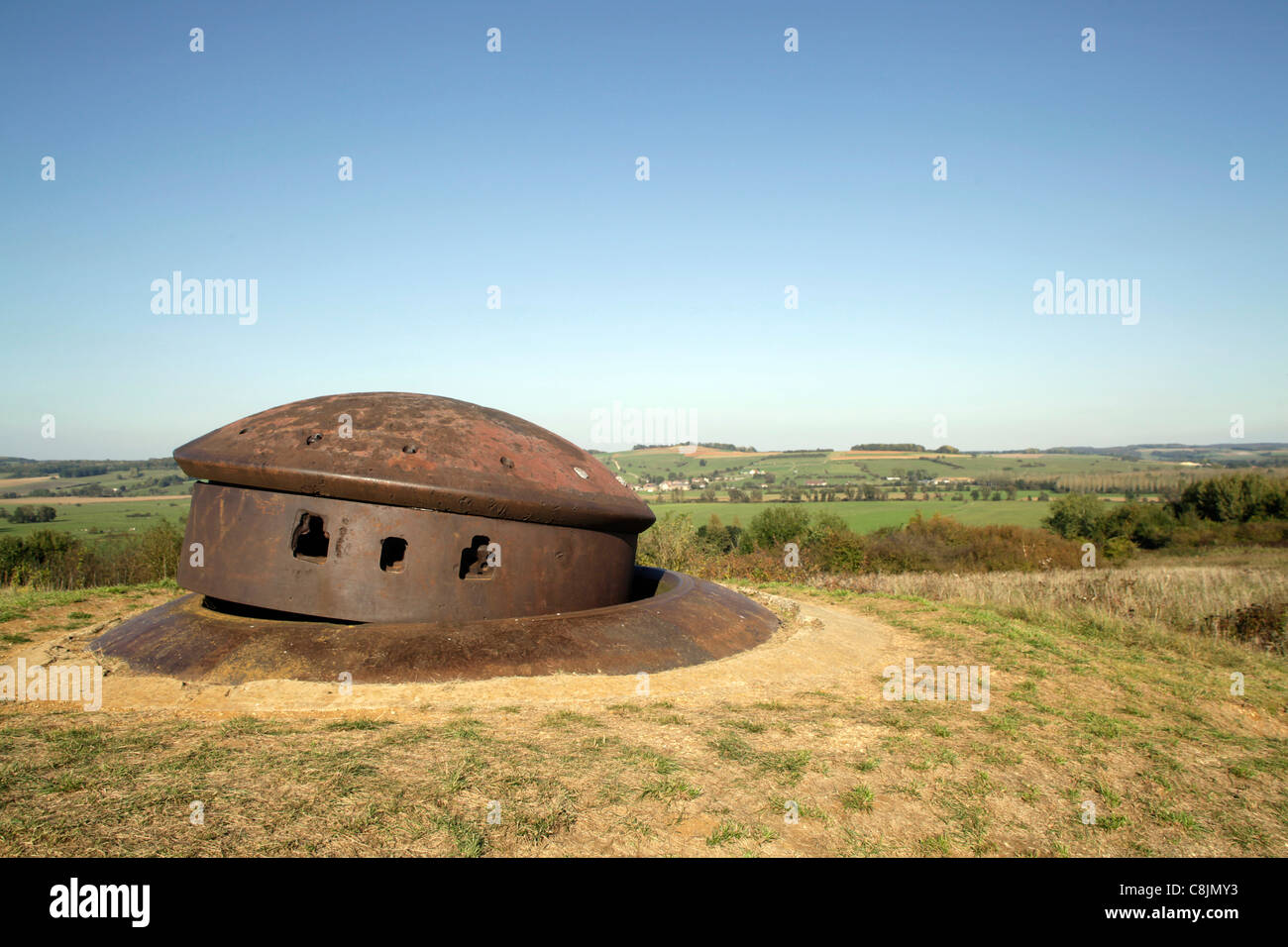 Destroyed turret at Petit Ouverage La Ferte on the Maginot Line in France Stock Photo