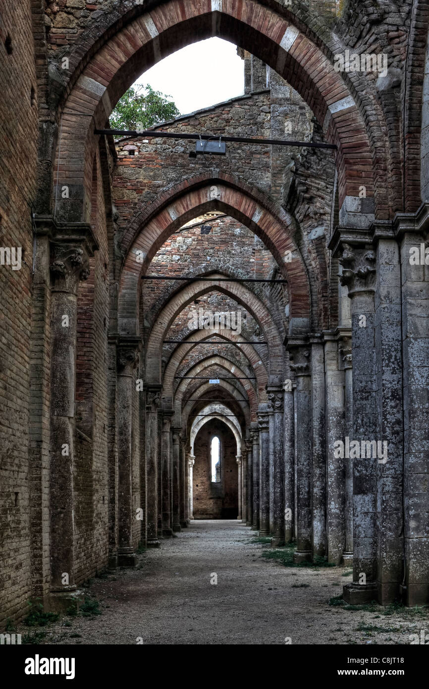 San Galgano is an old roofless abbey in Tuscany near Siena Stock Photo