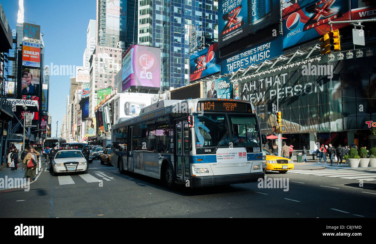 A NYC Transit bus on Broadway in Times Square in New York on Tuesday