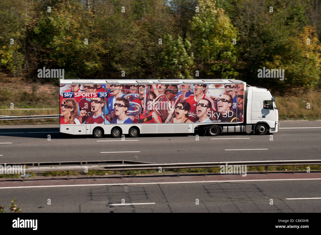 Sky Sports 3D lorry on M40 motorway, Warwickshire, UK Stock Photo