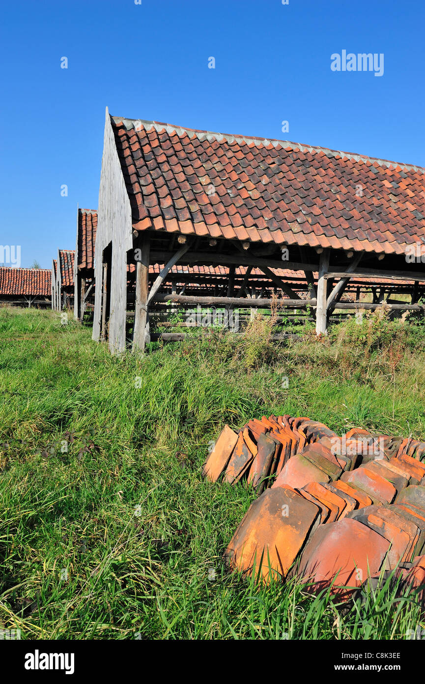 Drying yards and red roof tiles at brickworks, Boom, Belgium Stock Photo