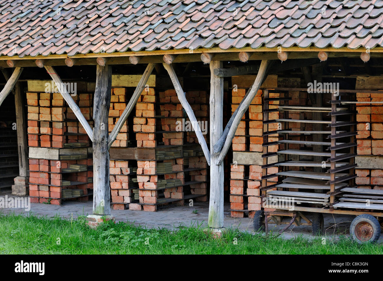 Drying yard with bricks and tiles in racks at brickworks, Boom, Belgium Stock Photo