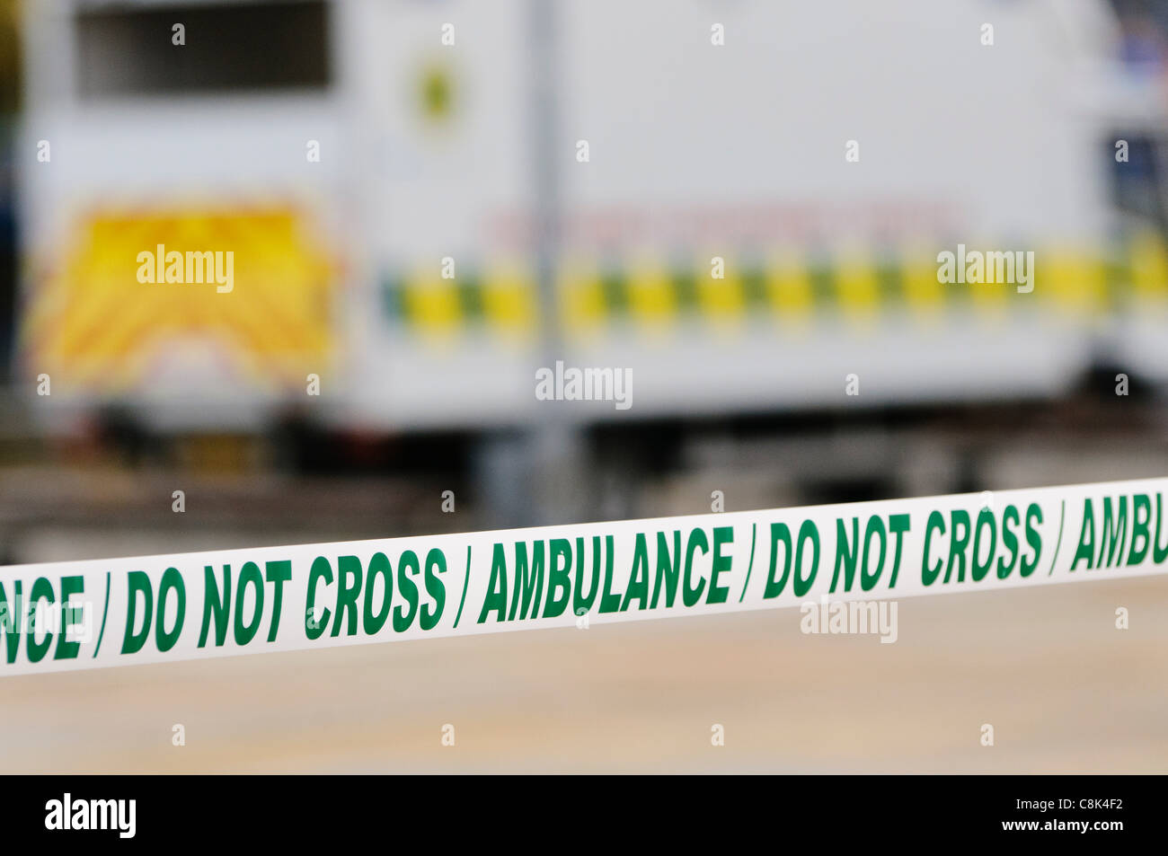 Ambulance cordon tape seal off an area for medical staff to work at a major incident. Stock Photo