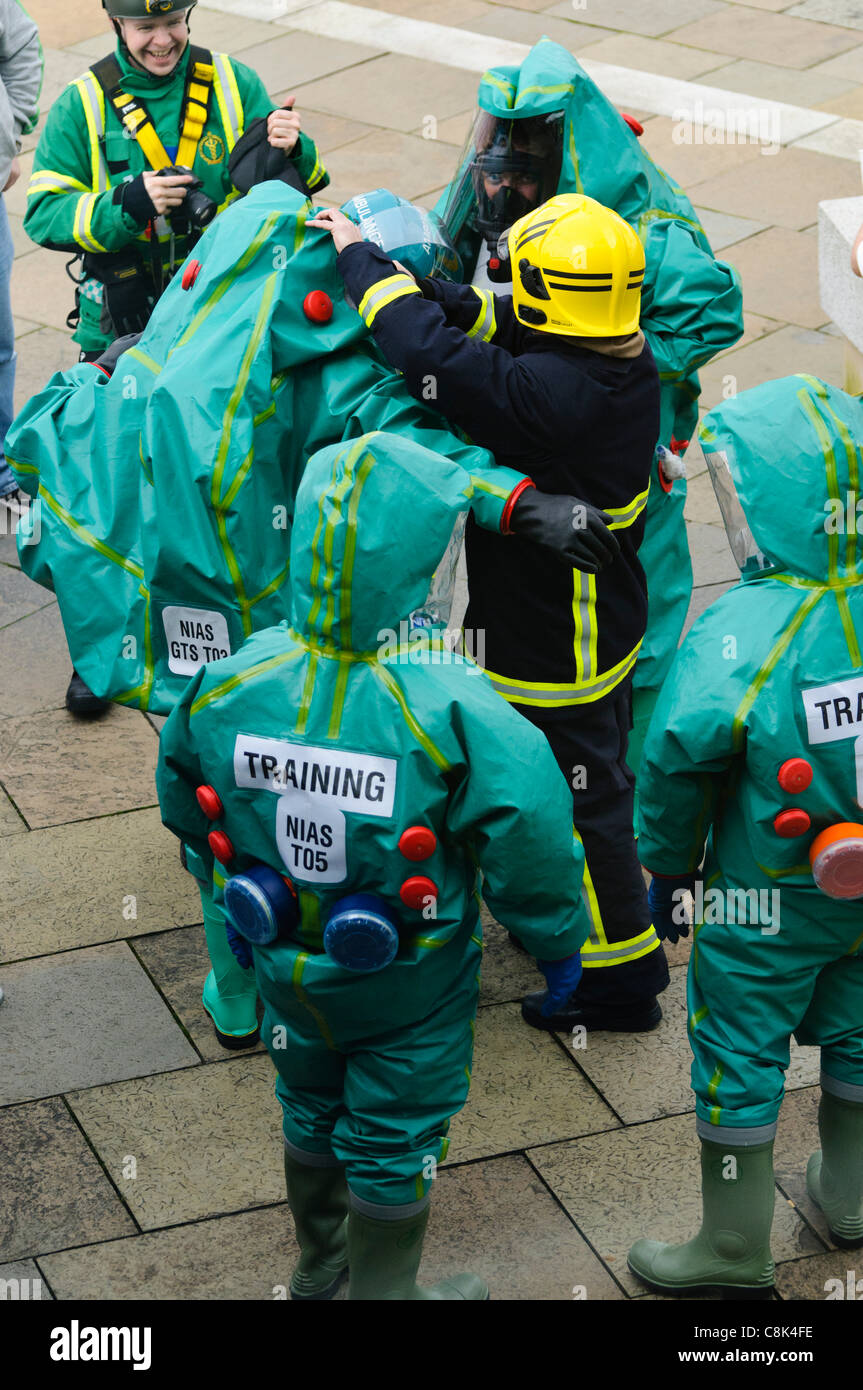 Paramedics wearing Gas Tight Suits (GTS) during the launch of Northern Ireland Ambulance Service (NIAS) Hazardous Area Response Team (HART). BELFAST 26/10/2011 Stock Photo
