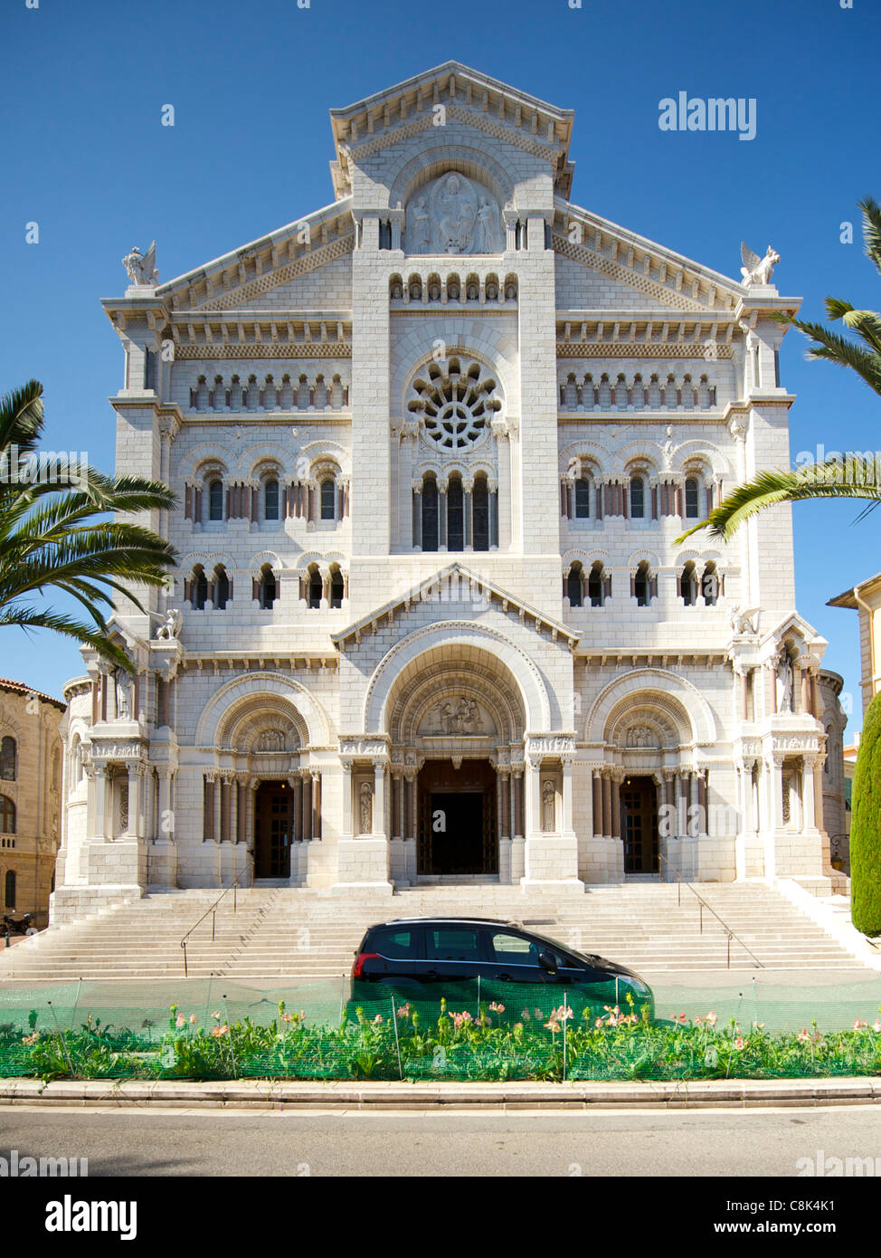 Exterior of of the Cathédrale Notre-Dame-Immaculée (Cathedral of Our Lady of the Immaculate Conception) aka Monaco cathedral. Stock Photo