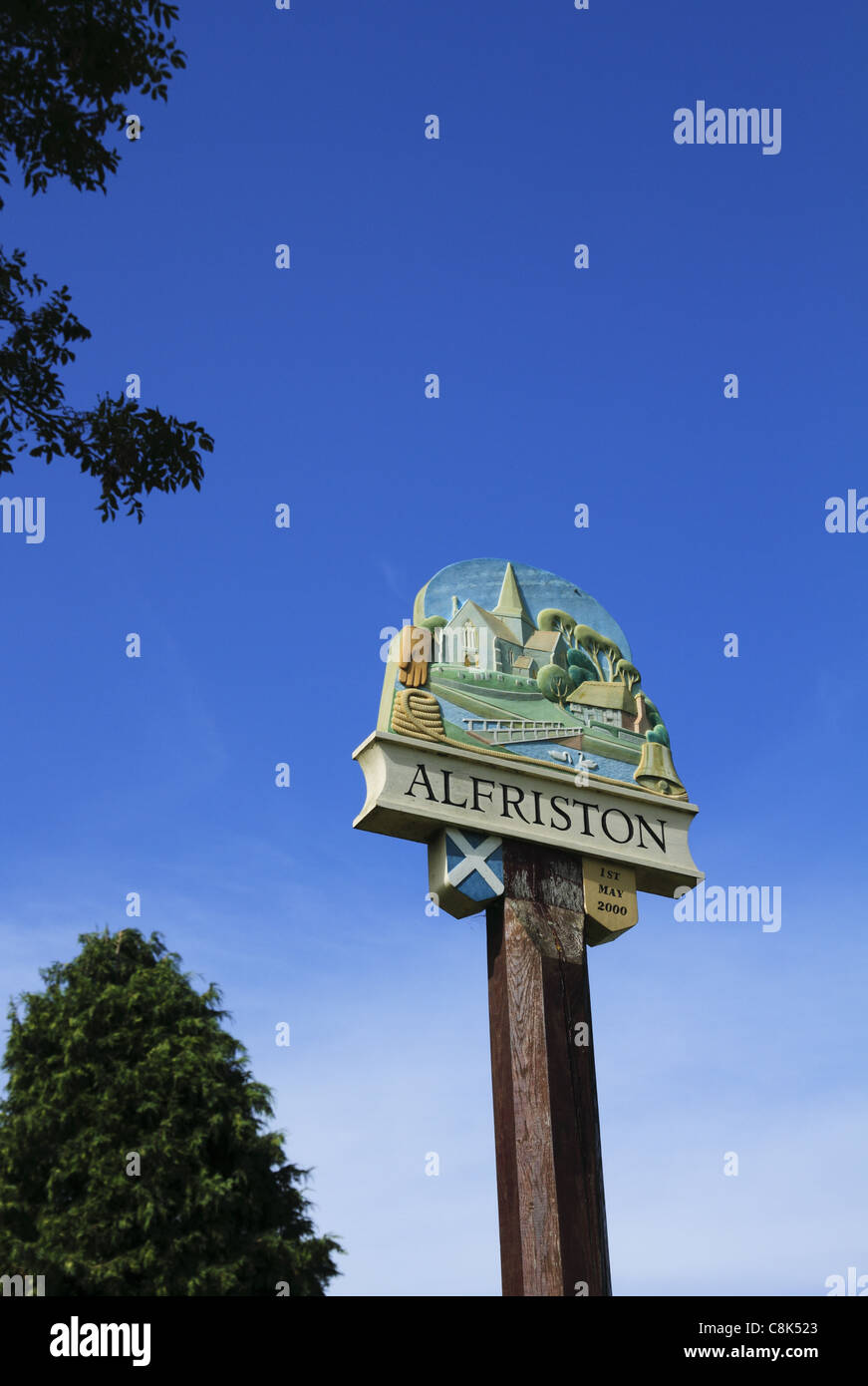 The village sign depicting the church and river cuckmere at Alfriston, East Sussex, England. Stock Photo