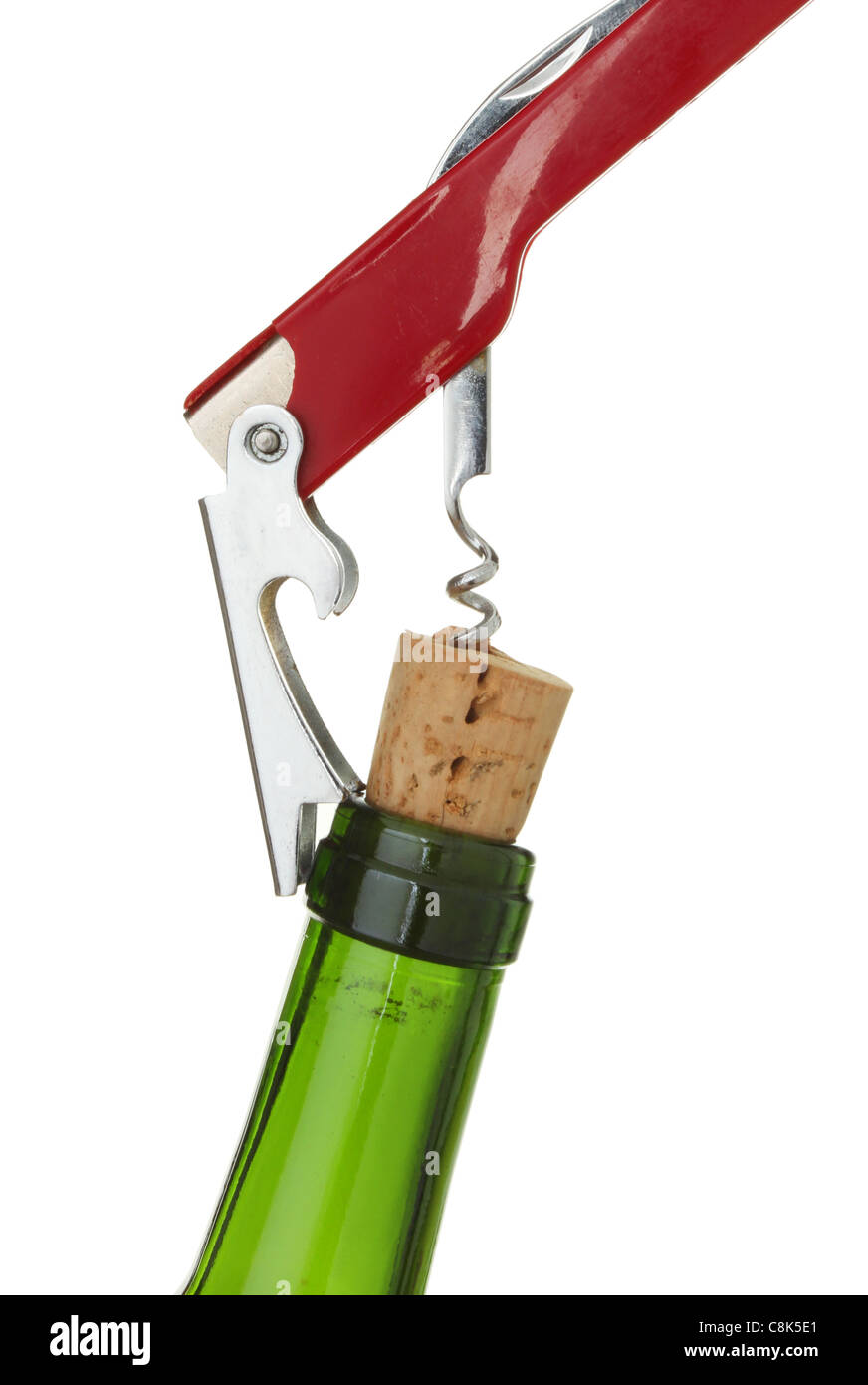 Wine waiters corkscrew cork and bottle isolated against white Stock Photo