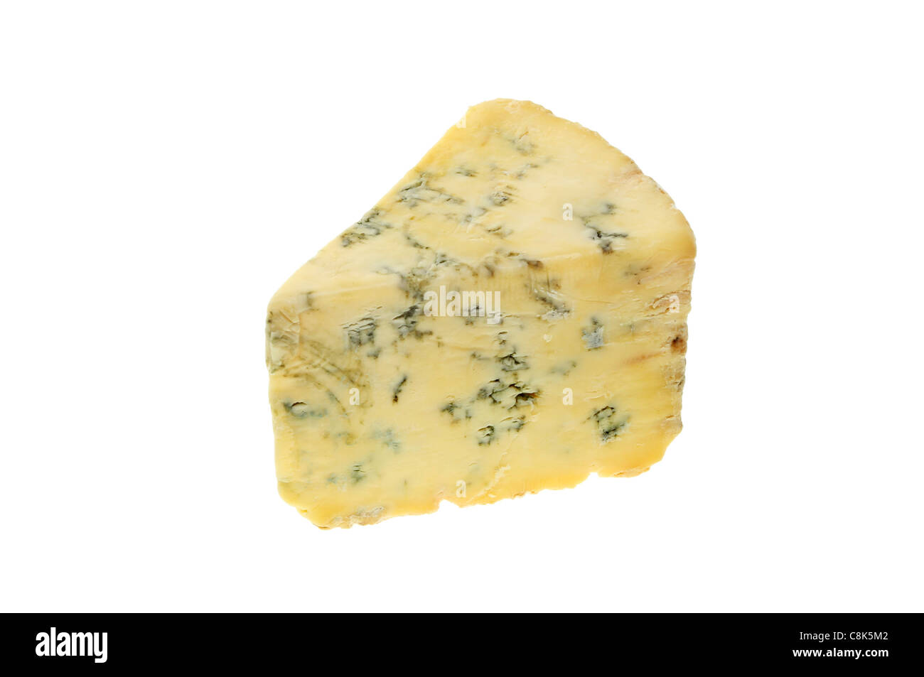 Wedge of stilton blue cheese isolated against white Stock Photo