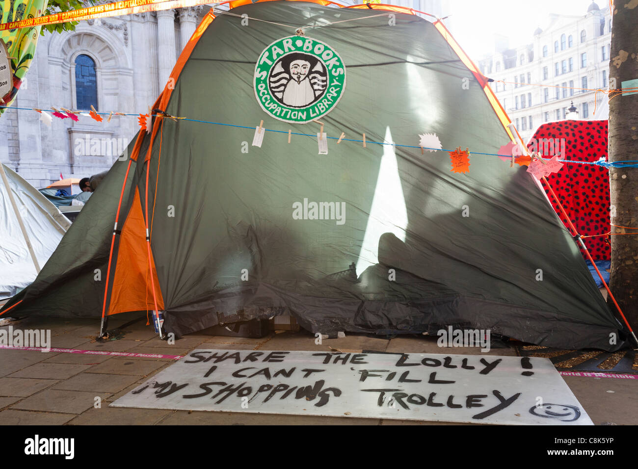 Anti-capitalist protester's tent outside St Paul's Cathedral, London, October, 2011. Stock Photo