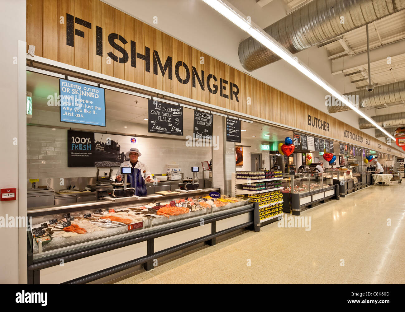 Fishmonger counter at a supermarket. Stock Photo