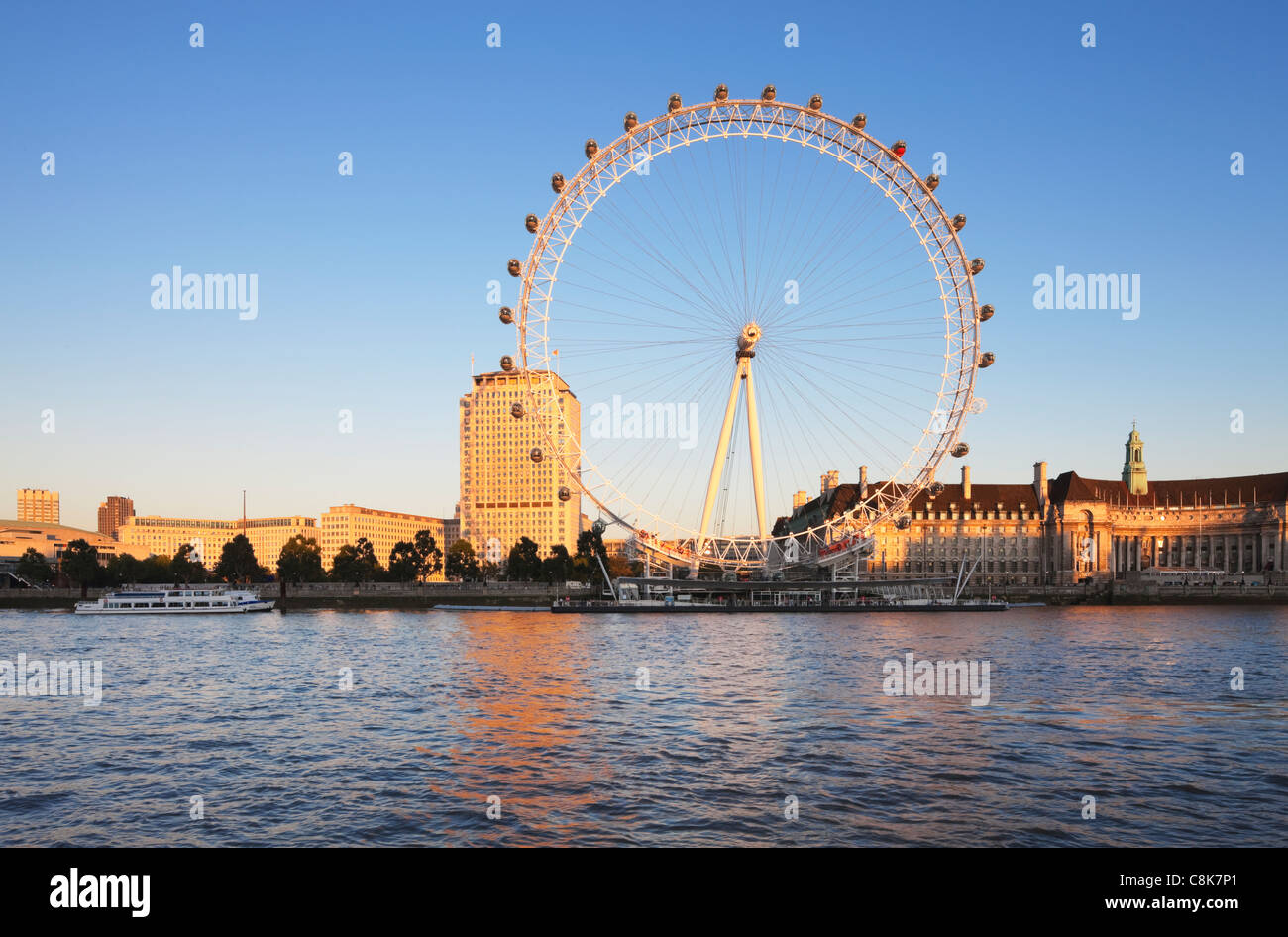 London Eye, River Thames and Southbank in evening light; London; England Stock Photo