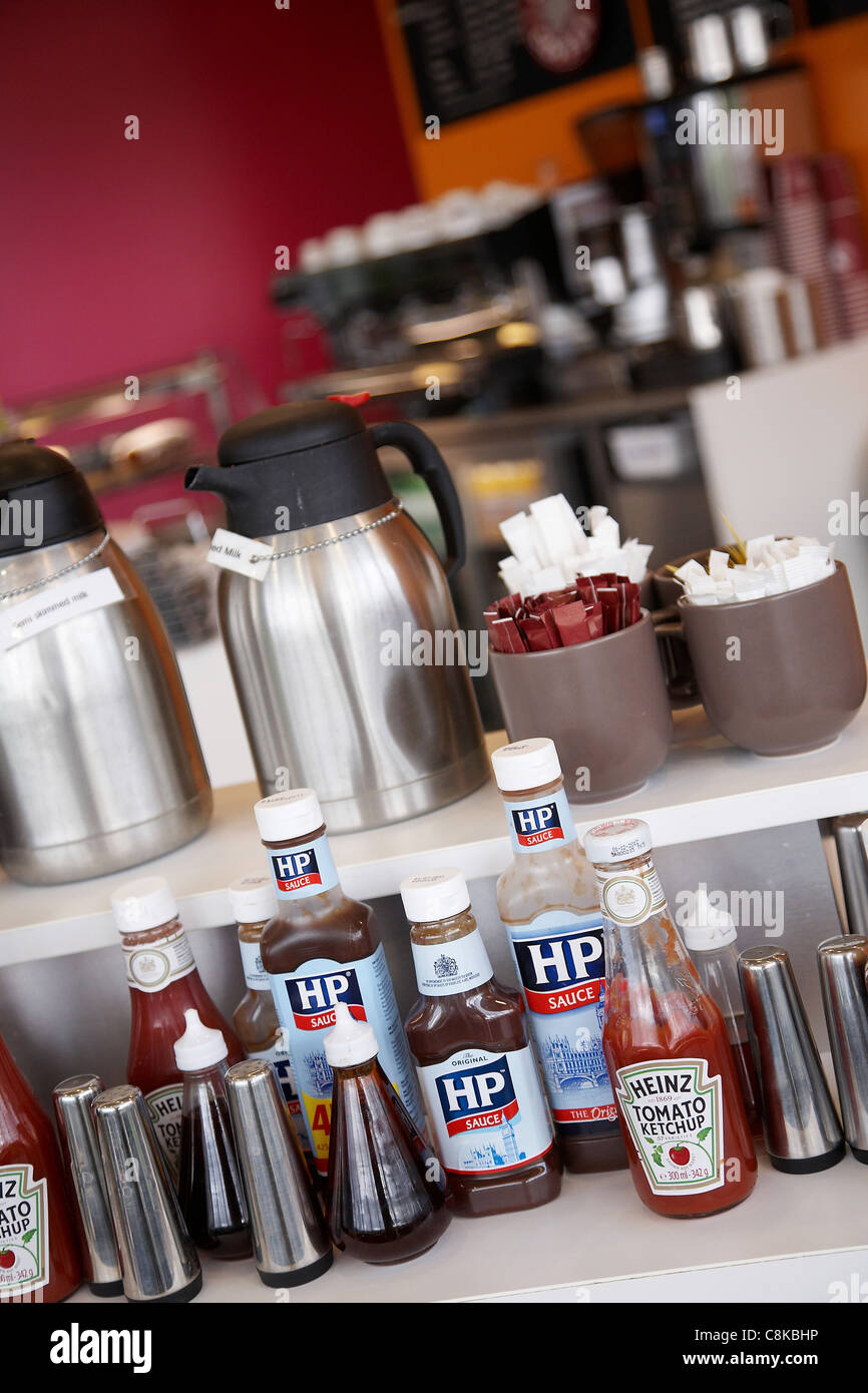 Display of various condiments at a cafe Stock Photo Alamy
