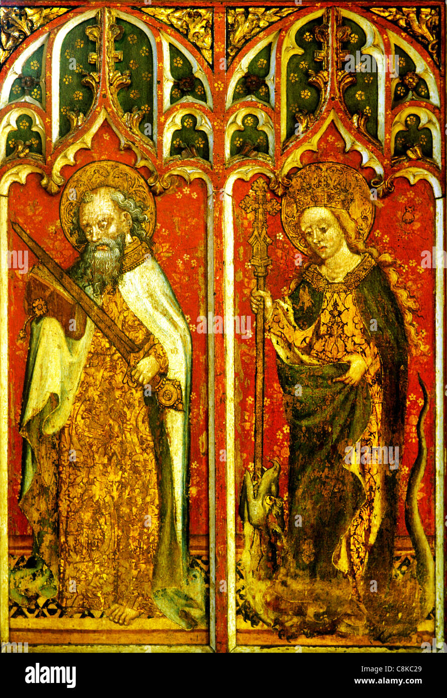 Filby, Norfolk, rood screen, St. Paul with Sword, St. Margaret of Antioch with crozier and dragon male saint saints English Stock Photo