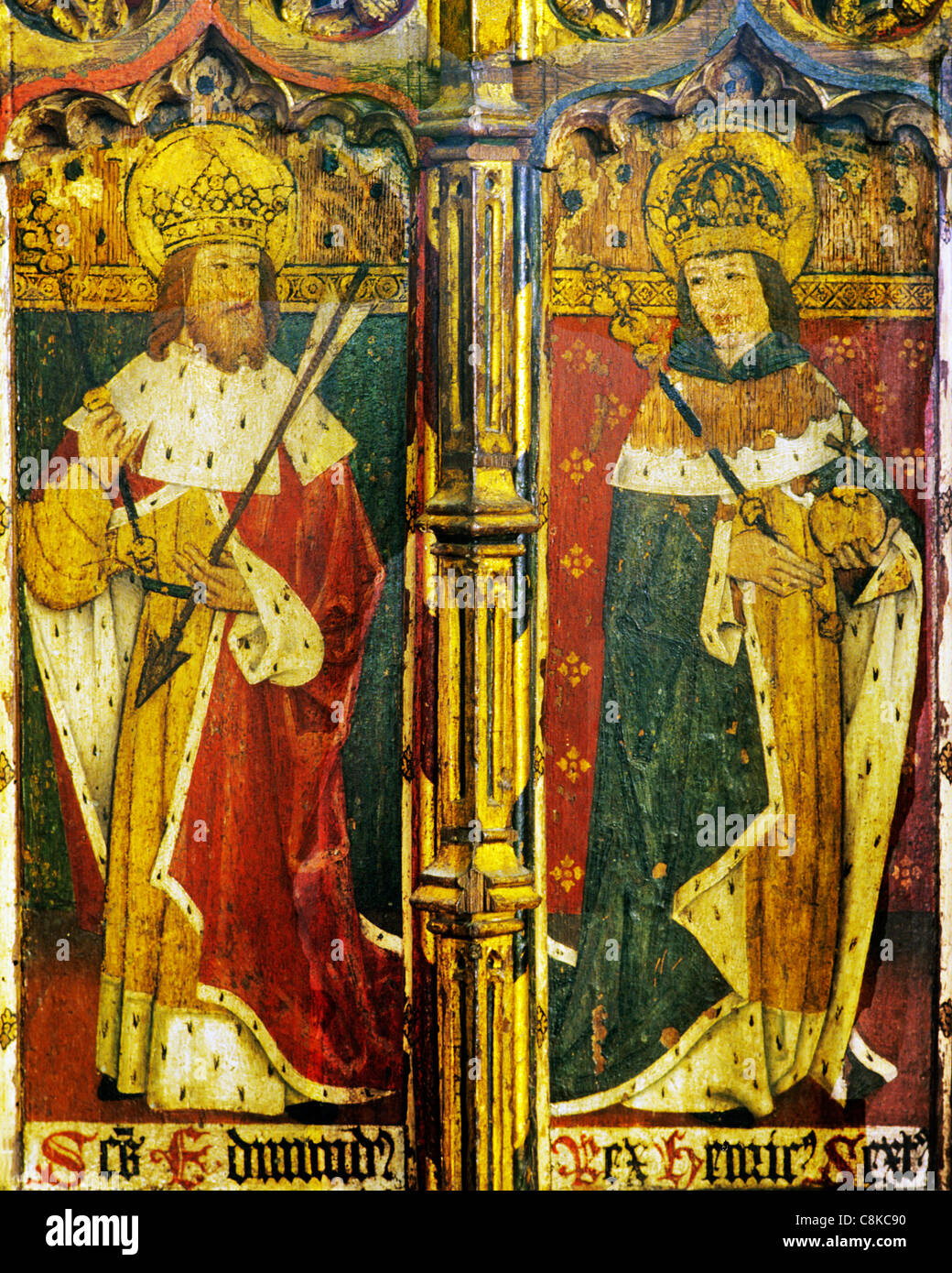 Ludham, Norfolk, rood screen, Saint Edmund, Saxon King of East Anglia, and King Henry 6th male saint saints English medieval Stock Photo