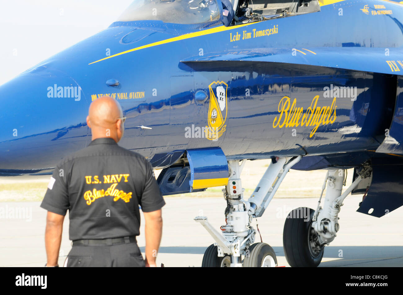 Blue Angels SuperHornet on the Tarmac with Pilot Stock Photo