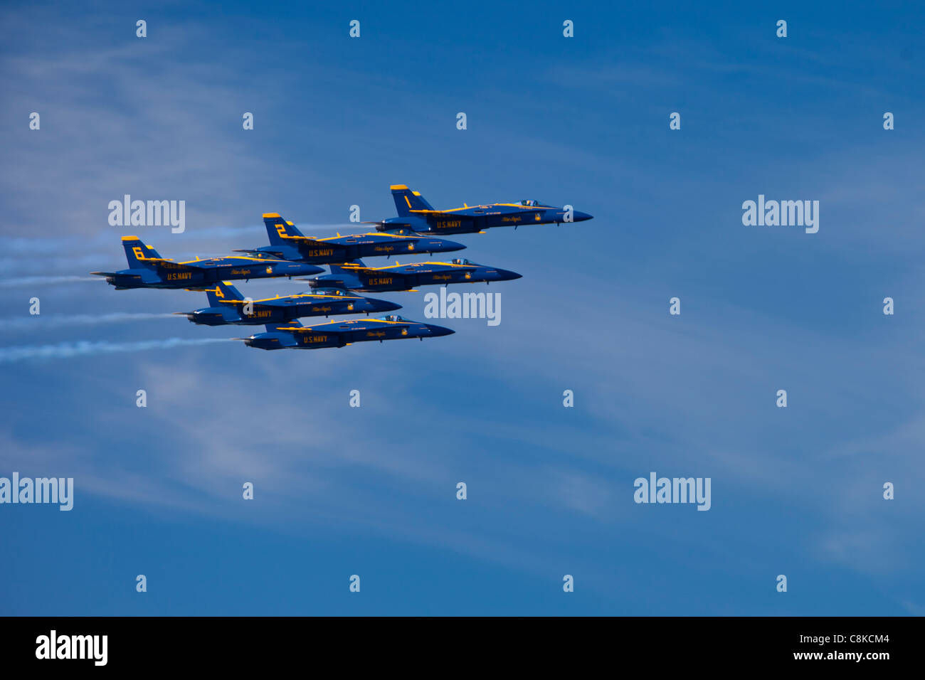 Flyby with the US Navy's F/A-18 Blue Angels in air show during Fleet Week, San Francisco California USA Stock Photo