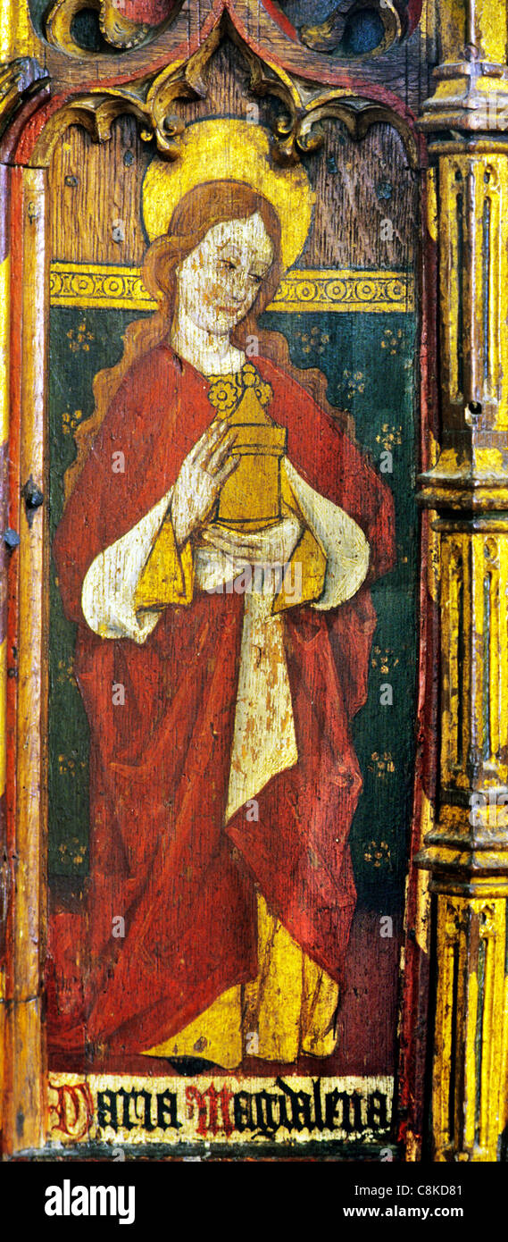 Ludham, Norfolk, rood screen, St. Mary Magdalene holding jar of ointment male saint saints English medieval screens painting Stock Photo