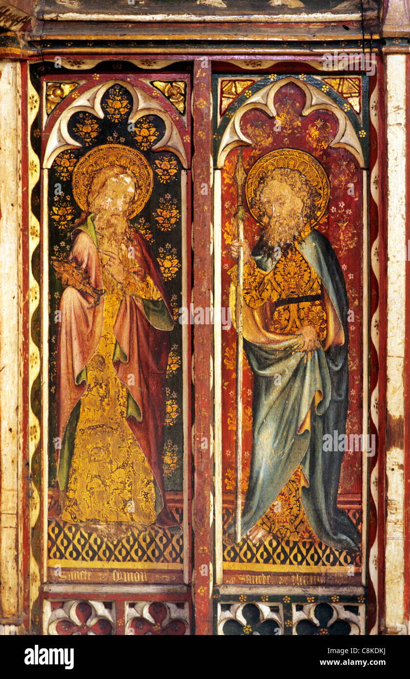 Ranworth, Norfolk, rood screen, St. Simon with fish, St. Thomas with Spear, male saint saints English medieval screens painting Stock Photo
