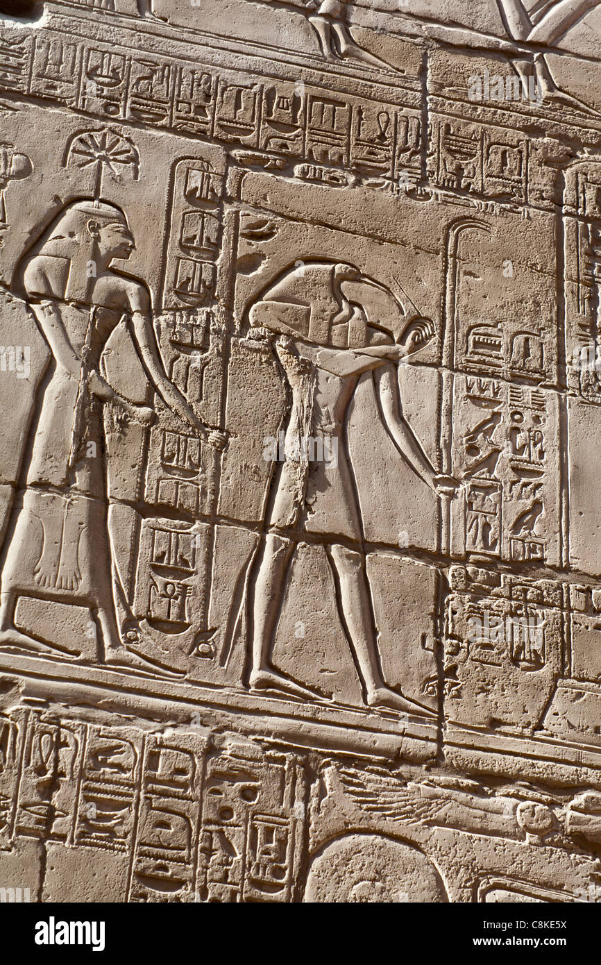 Relief work at Karnak Temple, Luxor Egypt Stock Photo