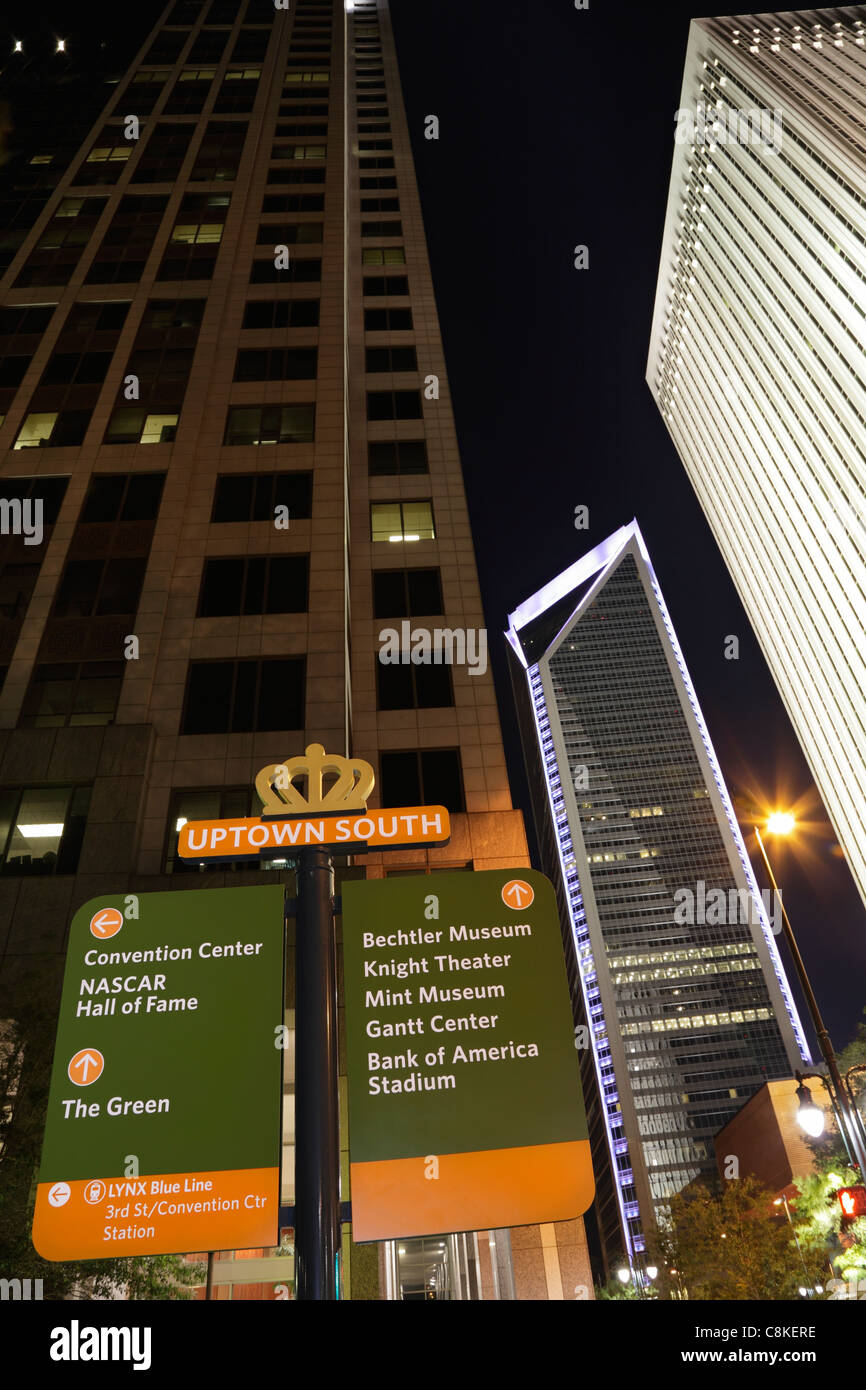 A directional sign for uptown attractions, Charlotte, North Carolina, USA Stock Photo