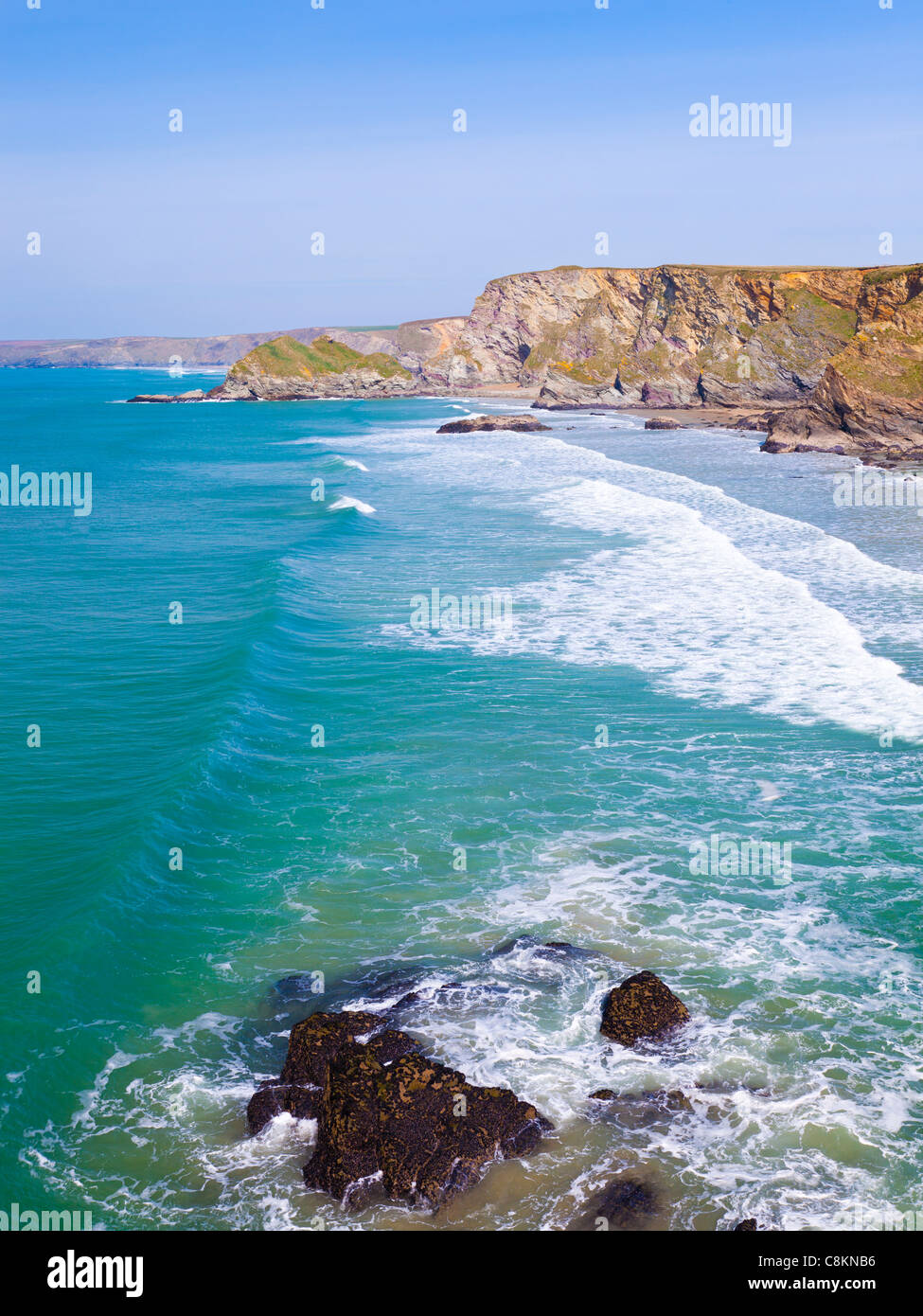 View along the Cornish Coast from Trevelgue Head near Newquay Cornwall England UK Stock Photo