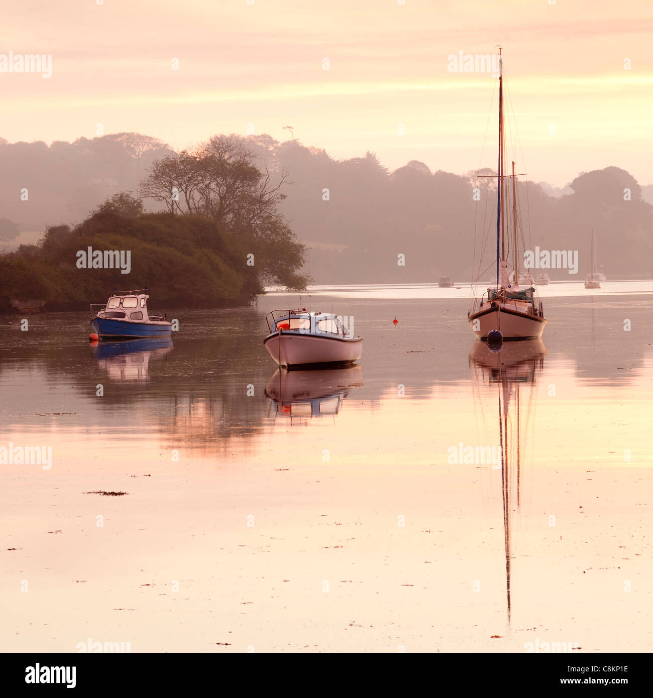 Boats moored on the river at Penryn Cornwall England UK Stock Photo