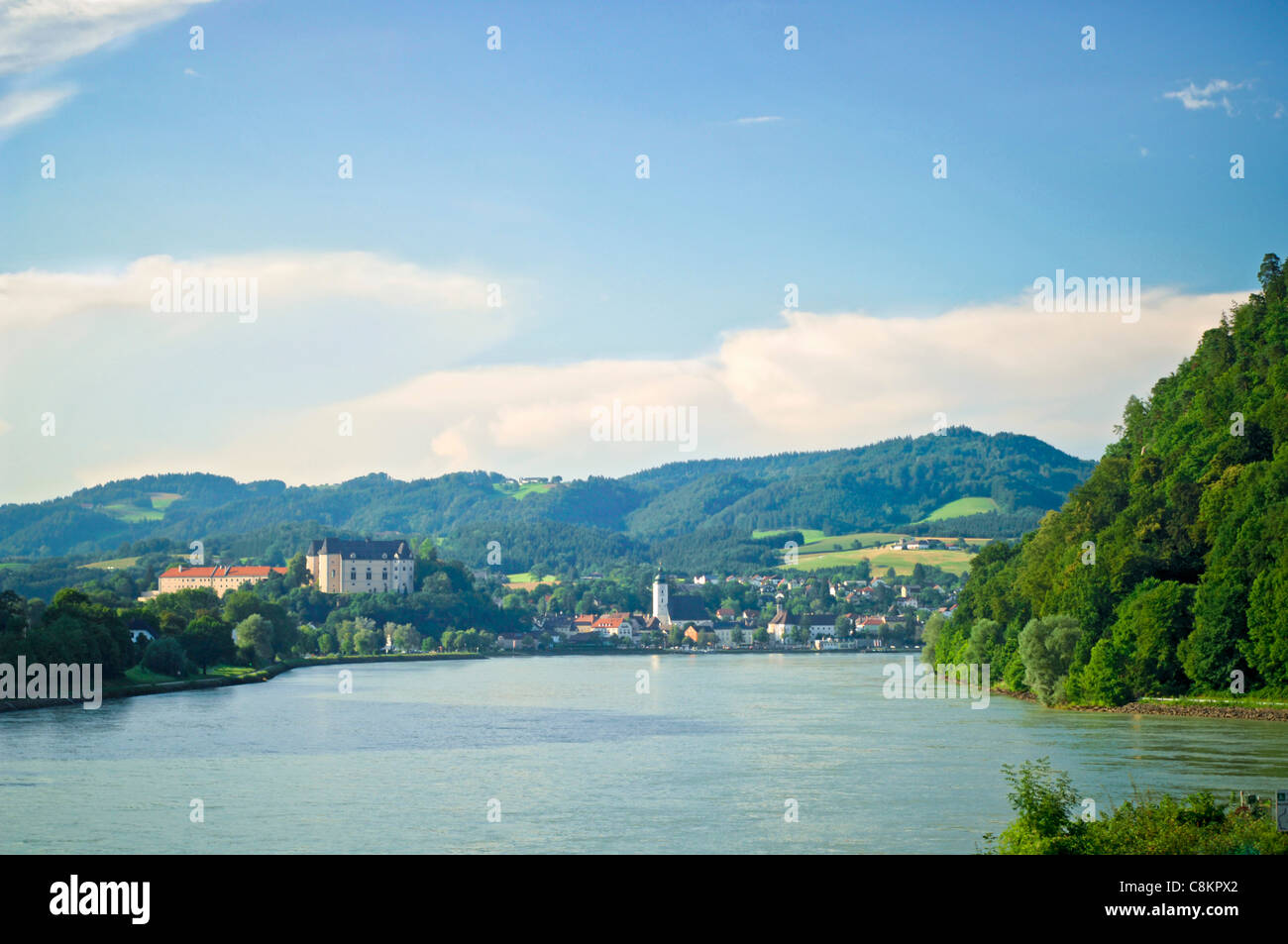 Grein at the Danube, Austria  - Grein an der Donau - with the castle Schloss Greinburg Stock Photo