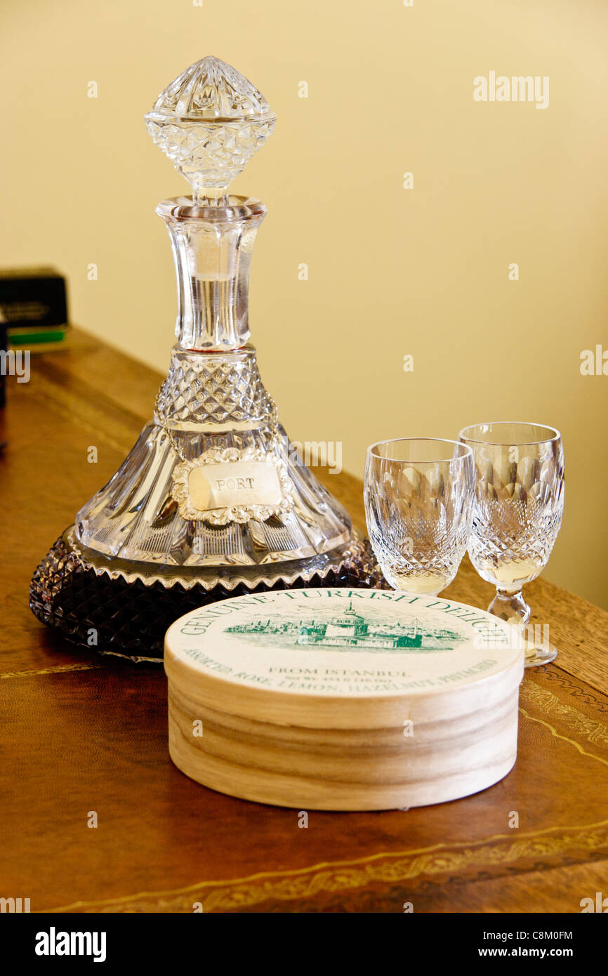 Port decanter, two glasses and a carton of Turkish delight Stock Photo