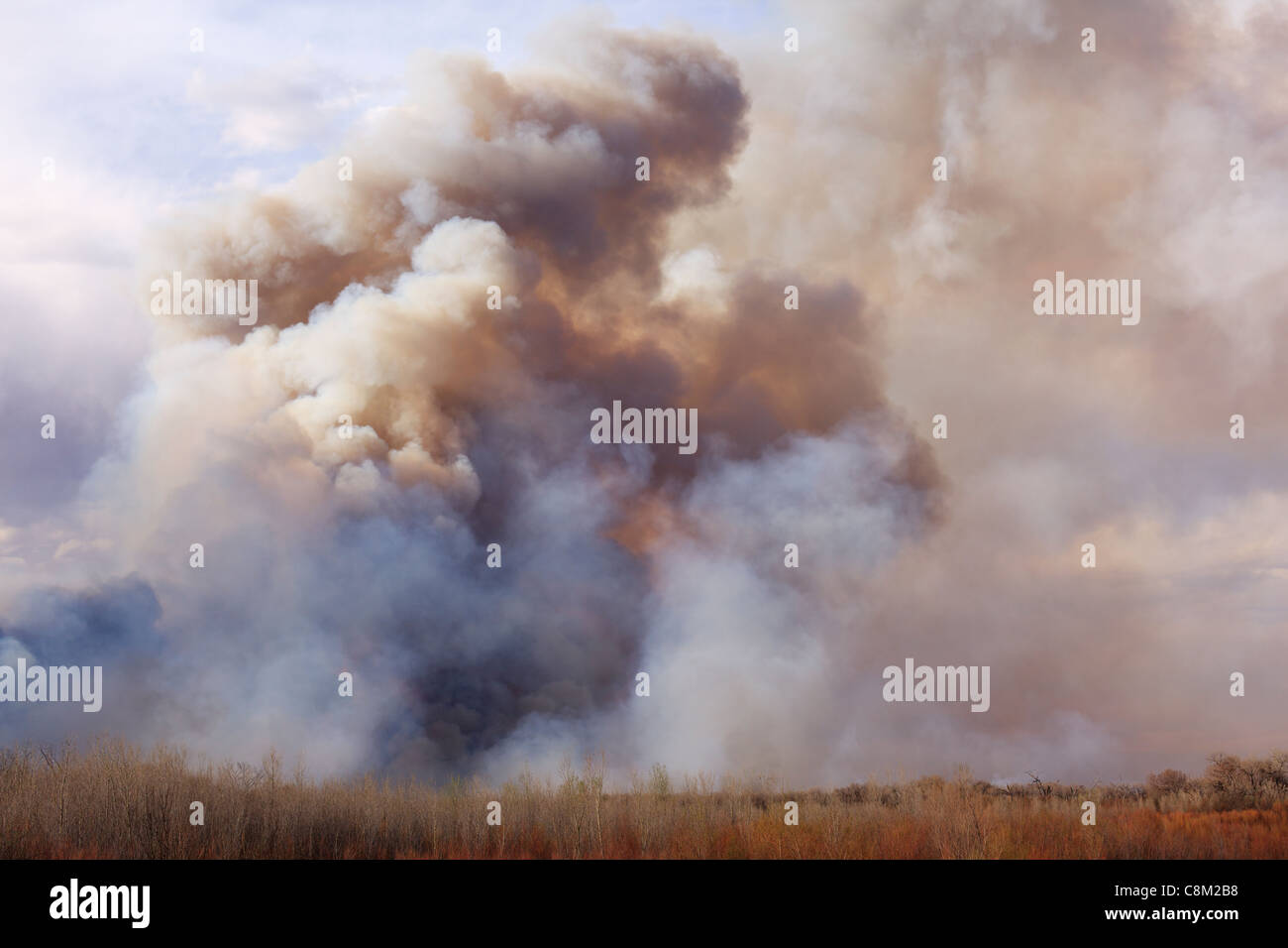Smoke from a New Mexico wildfire towering into the air. Stock Photo