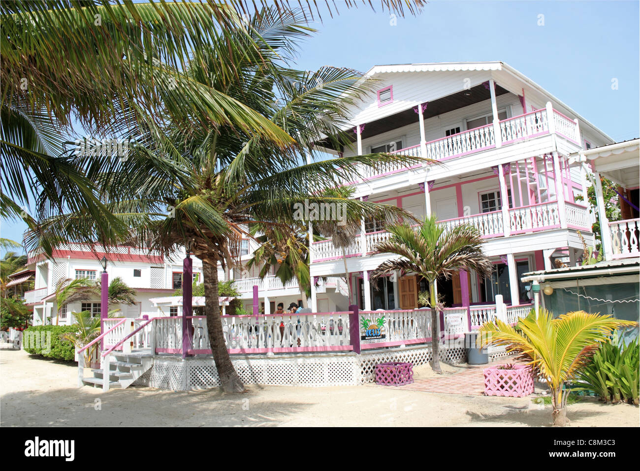 San Pedro Holiday Hotel and Celis Restaurant, Ambergris Caye (aka La Isla Bonita), Barrier Reef, Belize, Caribbean, Central America Stock Photo