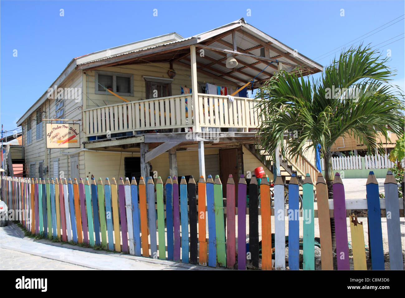 San Pedro Pre School, Ambergris Street, Ambergris Caye (aka La Isla Bonita), Belize, Caribbean, Central America Stock Photo