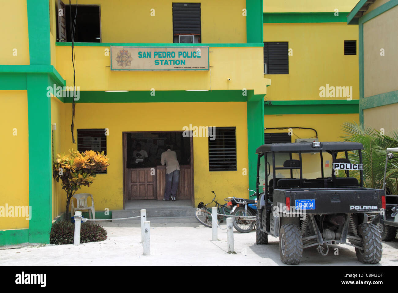 San Pedro Police station, Pescador Drive, Ambergris Caye (aka La Isla Bonita), Barrier Reef, Belize, Caribbean, Central America Stock Photo