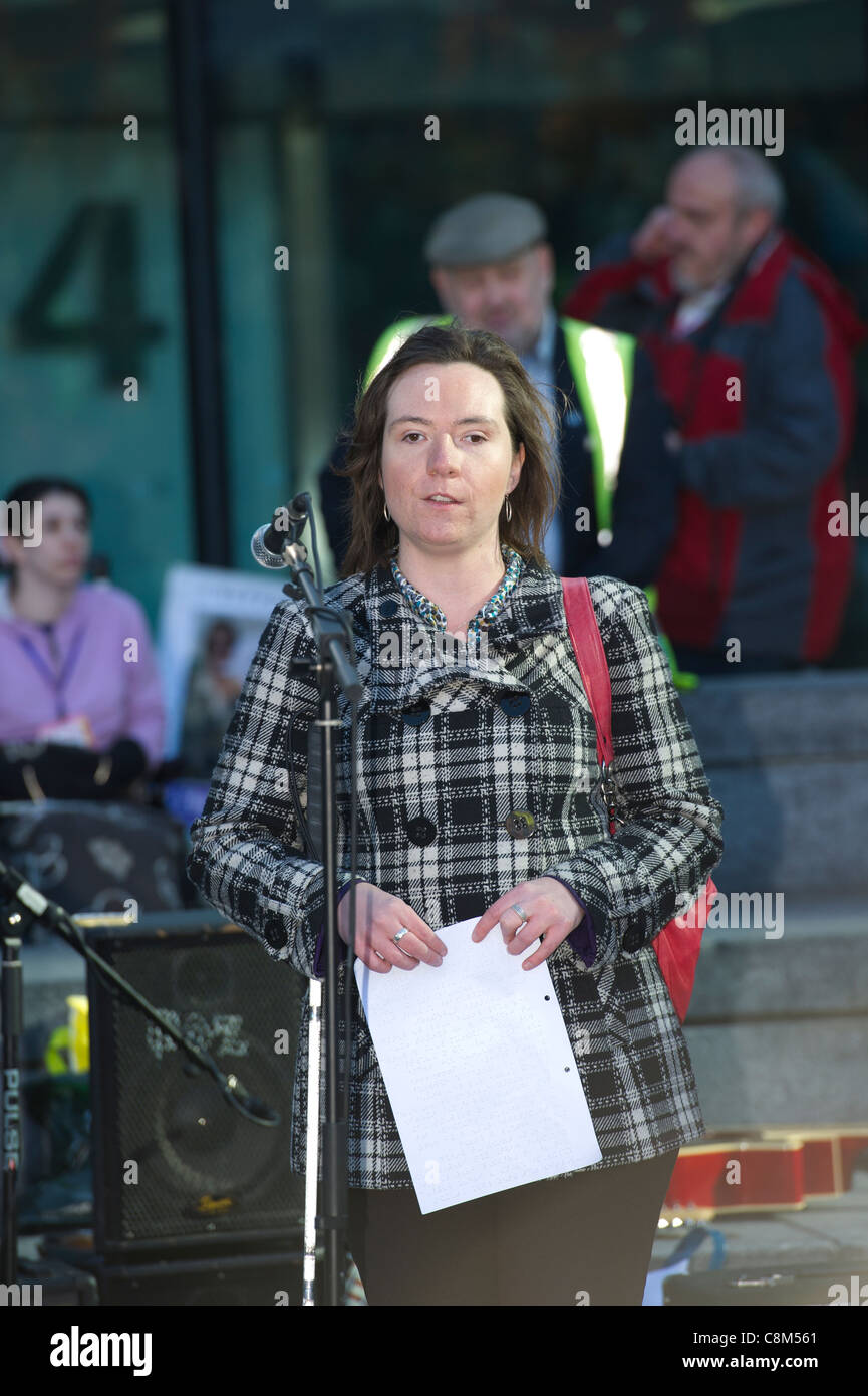 Ellie Southwood, RNIB trustee and campaigner against the proposed cuts to the Disability Living Allowance, speaking at rally. Stock Photo