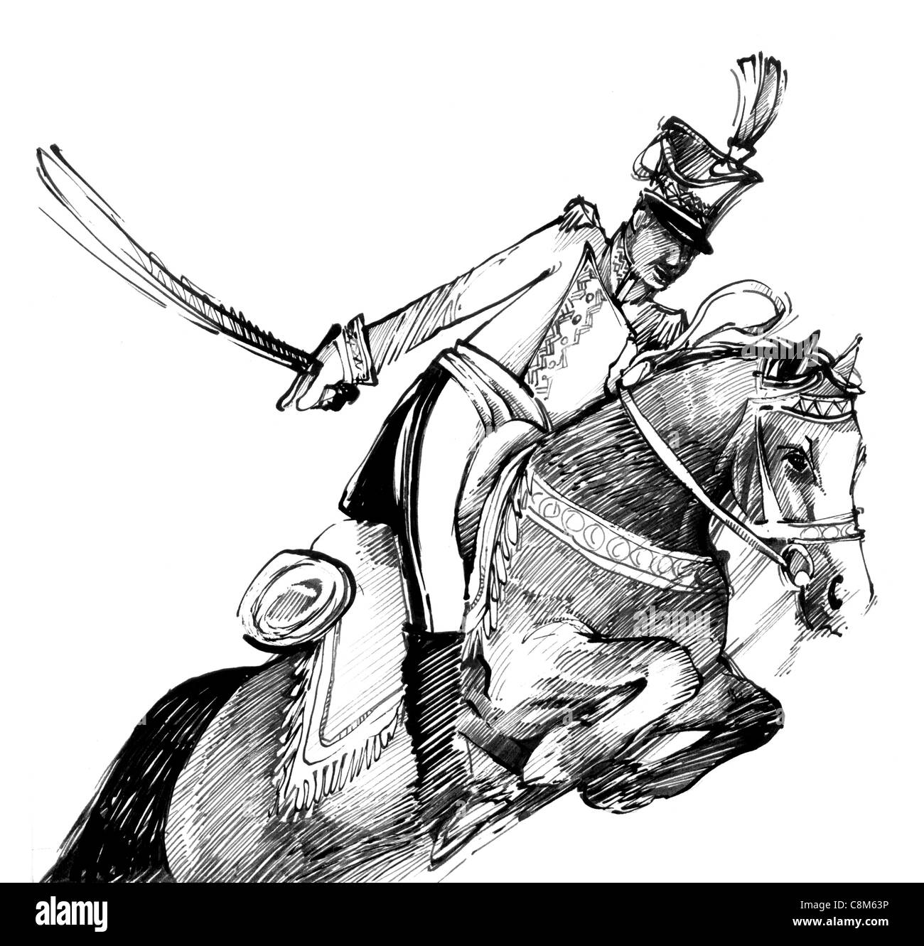 drawing illustration of hussar with sword on the horse Stock Photo