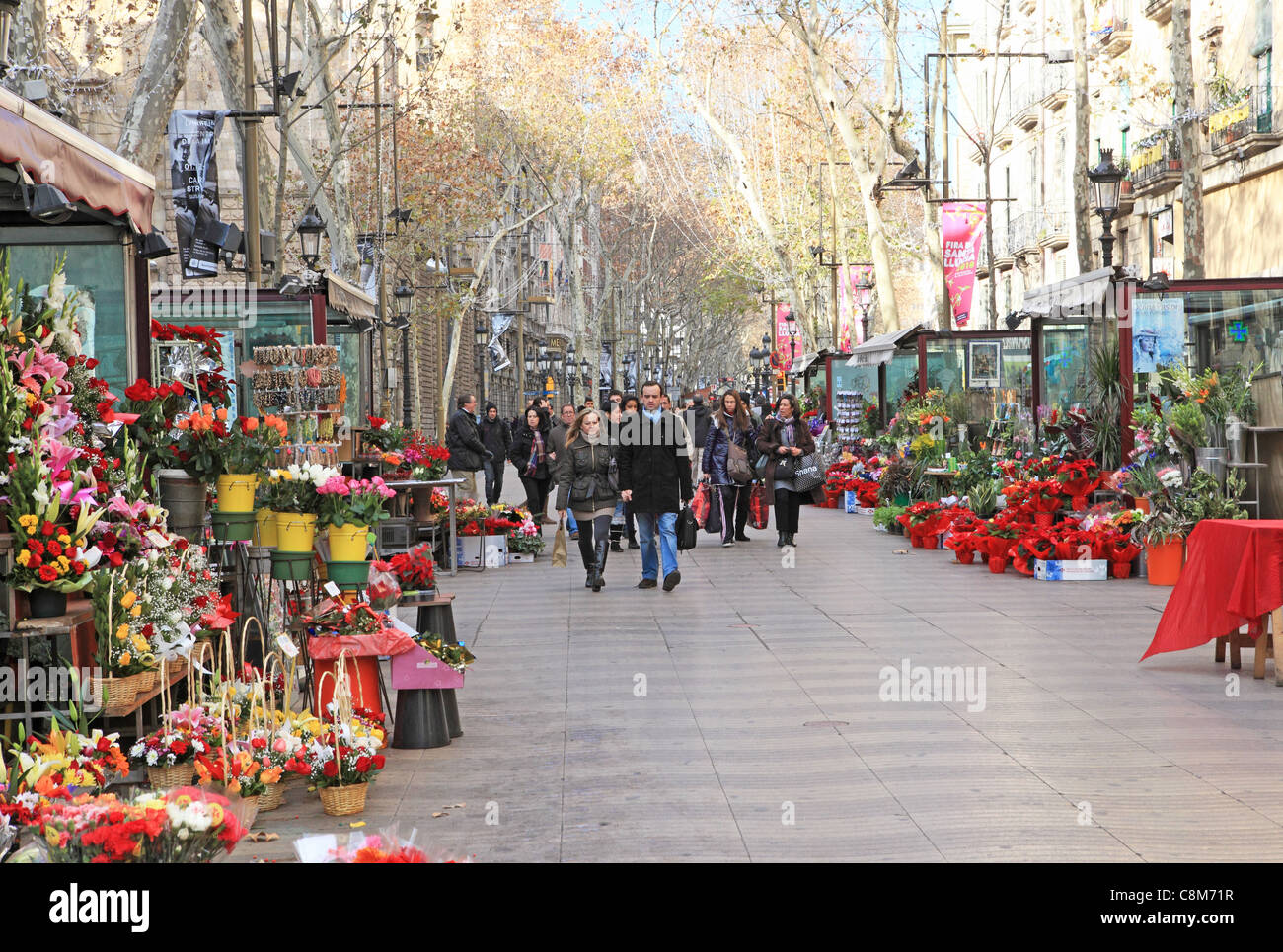 Christmas on Rambla de les Flors on Las Ramblas in Barcelona, in