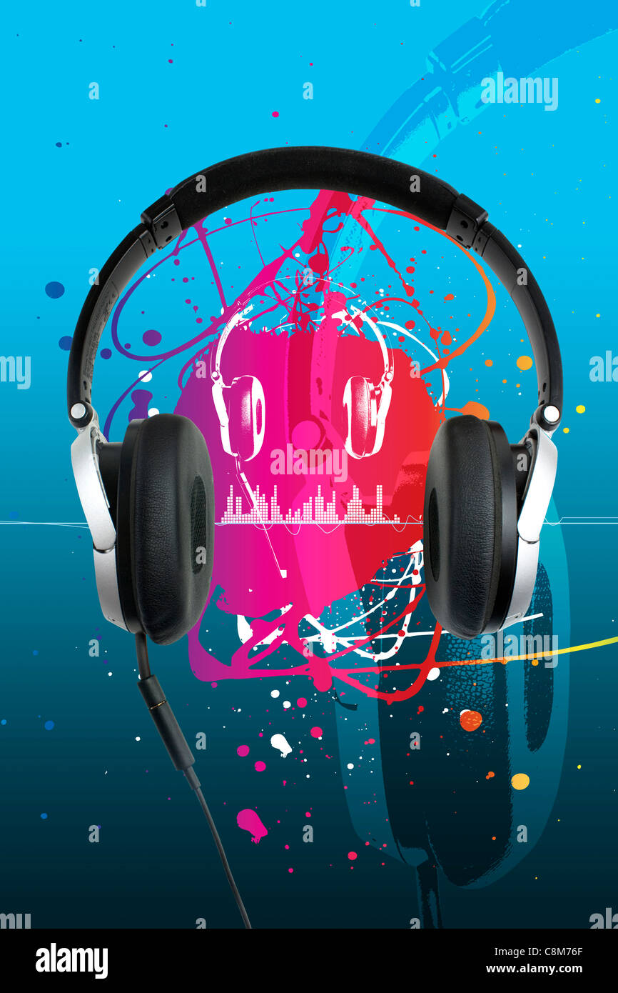 modern headphones and music urban style on blue Stock Photo