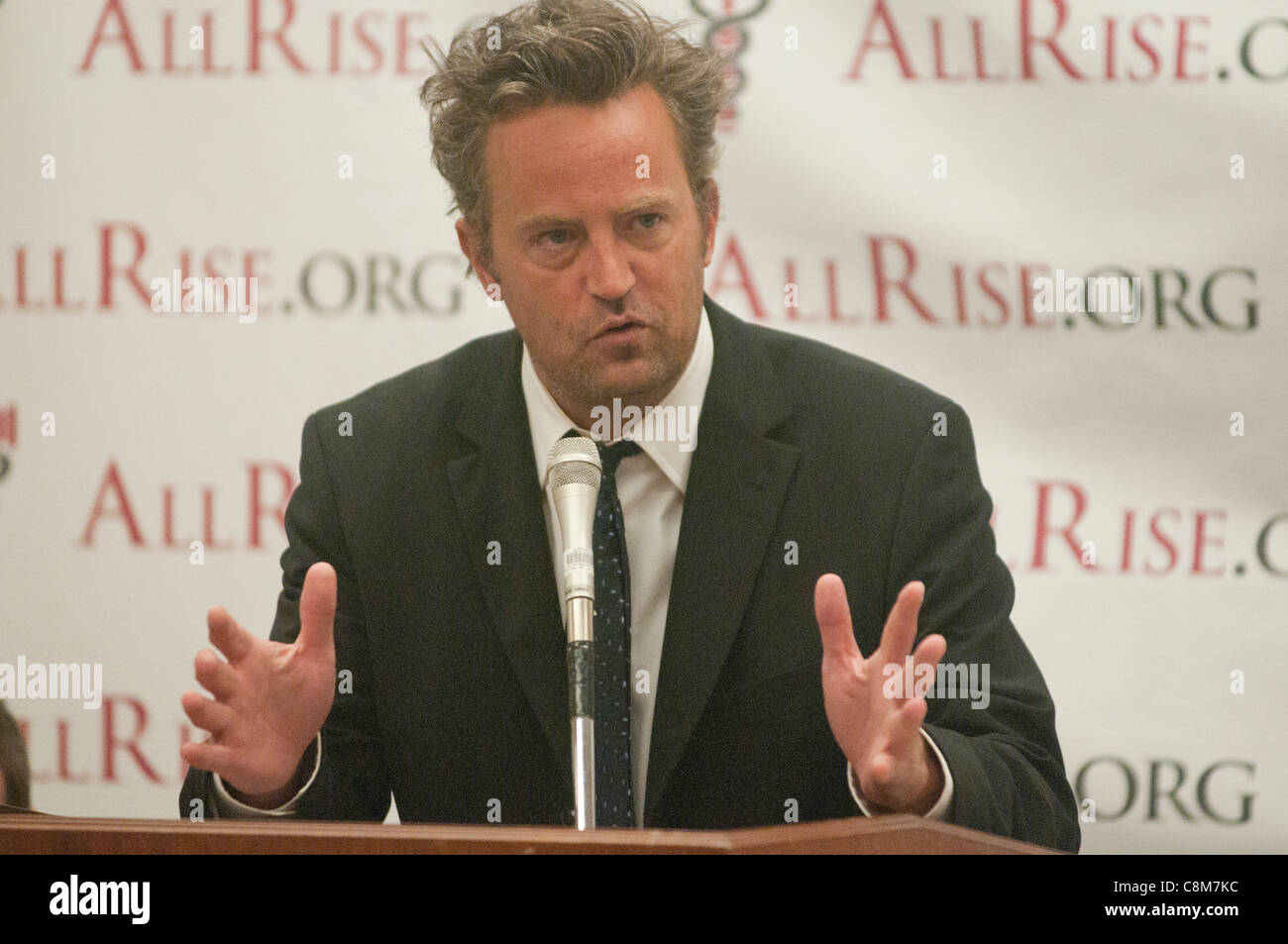 Actor Matthew Perry speaks during the National Association of Drug Court Professionals; and the House Addiction, Treatment and Recovery Caucus briefing on 'Drug Courts and Veterans Treatment Courts: A Proven Budget Solution Serving Our Veterans' on Capitol Hill in Washington D.C. on Thursday October Stock Photo