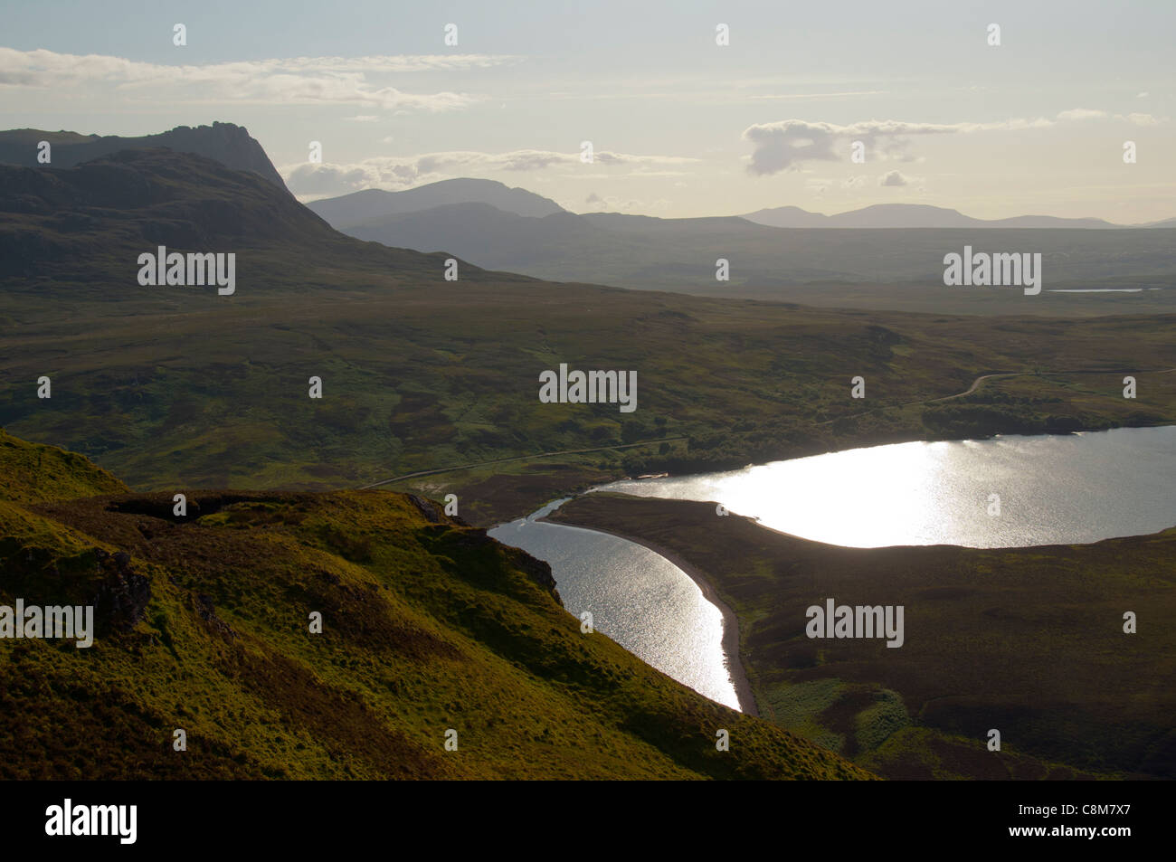 Ben Loyal and Ben Hope from Beinn Stumanadh, Sutherland, Scotland, UK. Over Loch Loyal and Loch Craggie. Stock Photo