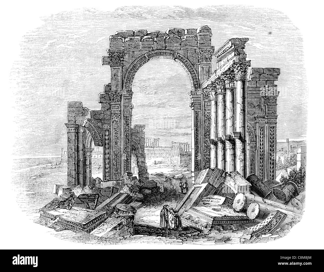Palmyra ancient Syria caravan city travellers Bride Desert temple ruin ruins ruined arch ionic pillar Corinthian arches column Stock Photo