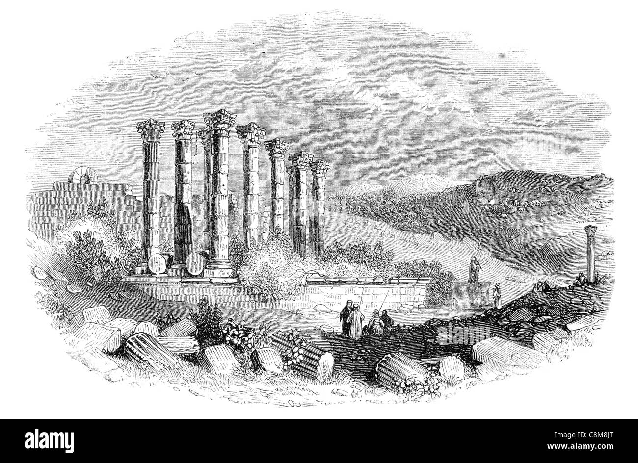 Ruins of a Corinthian Temple of Apollo Corinth Palestine tourism tourist Heritage ruined ruin archaeological site Stock Photo
